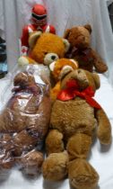 A box containing a quantity of teddy bears and soft toys including Power Rangers, etc.
