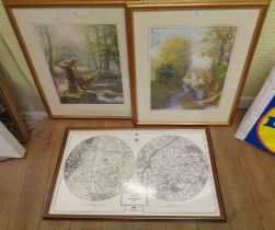 A framed map reprint of Broadhempston - sold with a pair of gilt framed rural view prints