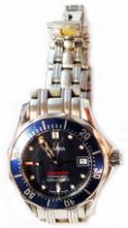 An Omega Seamaster Professional quartz lady's steel cased wristwatch with blue bezel and original