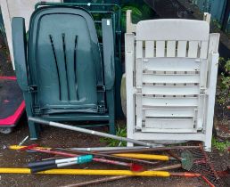Four assorted folding garden chairs - sold with a quantity of long handled garden tools