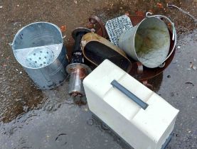 A quantity of assorted items including embossed brass jardiniere, galvanised mop bucket, etc.