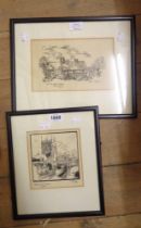 Stuart E. McMillan: two ebonised framed pen and ink drawings, both depicting named views at Leek