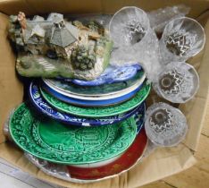 A box containing assorted ceramics and glassware including Wedgwood Majolica, drinking glasses,