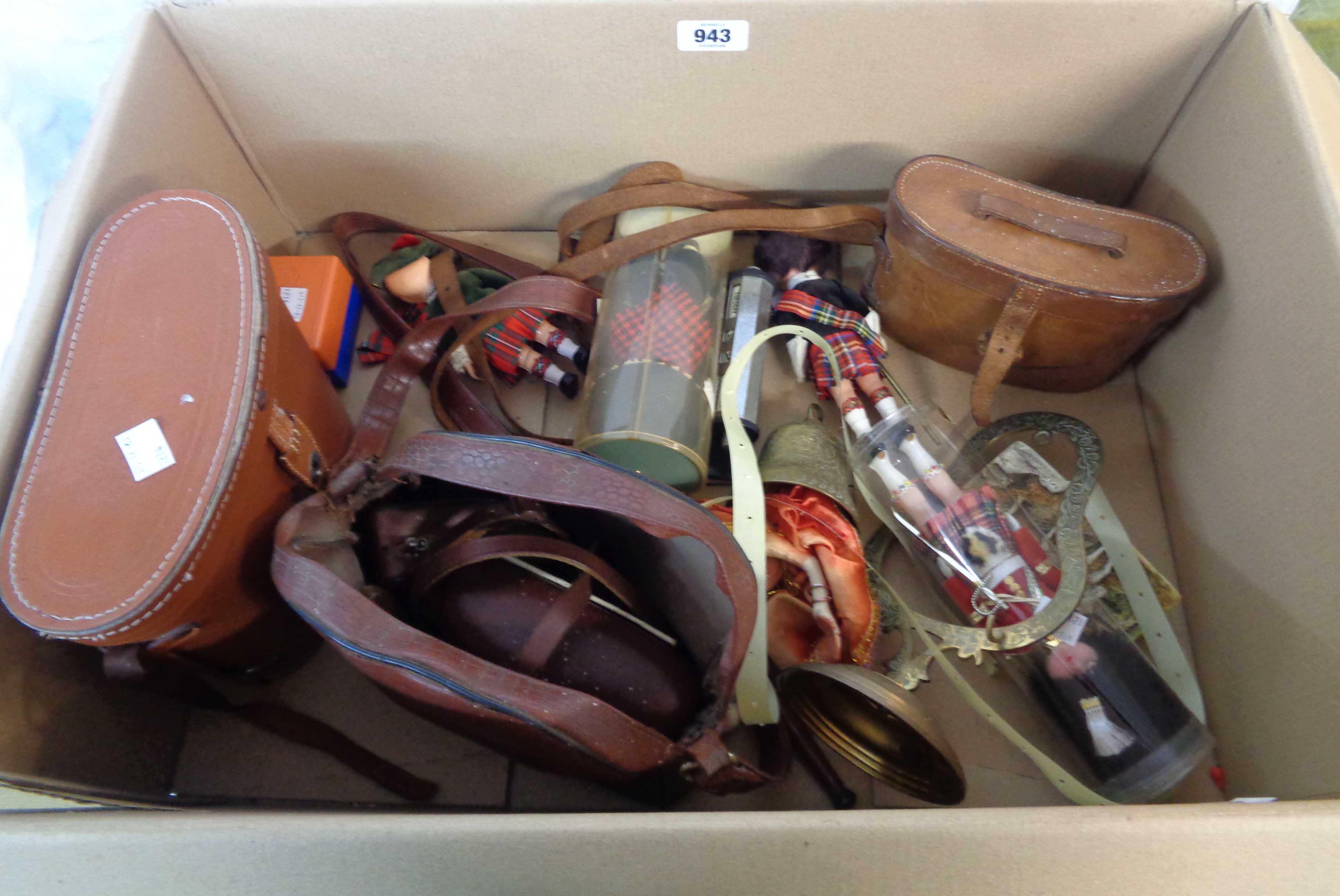 A box containing a quantity of assorted collectable items including field glasses, binoculars,