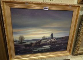 Royce Harmer: a gilt framed oil on board, depicting a shepherd and sheep in a landscape at dusk -