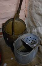 A quantity of copper and brassware including cast brass bell, warming pan, etc.