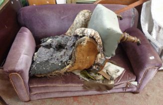 A 1.5m old drop-end settee with remains of purple velour upholstery - sold with a drawing room