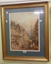 A gilt framed watercolour, depicting a busy 19th Century city street scene with various business