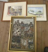 A gilt framed oil on board, depicting a town view with heavy impasto - indistinctly signed - sold