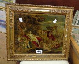 An antique gilt framed coloured crystoleum, depicting a classical scene with figures in a landscape