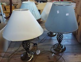 Three matching modern metal table lamps with bronzed finish, two with matching shades - sold with
