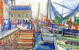 A framed mid 20th Century watercolour, depicting a busy harbour view with figures and moored vessels