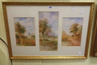 †S. Martin: a gilt framed triple image watercolour, all depicting figures on rural tracks - signed