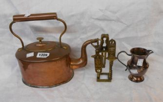 A Victorian copper kettle - sold with a cast brass nutcracker, corkscrew and bottle opener