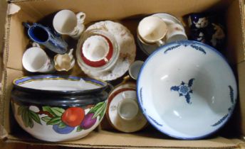 A box containing assorted ceramic items including Adderleys Pomona chamber pot, etc.