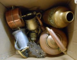 A box containing a quantity of copper and brassware including copper kettle, brass porch bell,