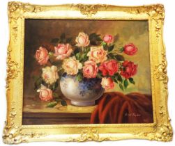 Lionel Taylor: an ornate gilt framed oil on canvas still life with bowl of roses and material on a