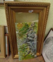 A wide gilt framed oil on board, depicting a river landscape - loose in frame