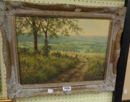Terence Grundy: a gilt framed oil on canvas, depicting a rural track with cattle - signed