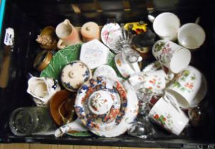 A crate containing a quantity of ceramic and glass items including Mason's ironstone teapot, jug,