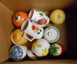 A box containing a quantity of ceramics including preserve pots, etc.