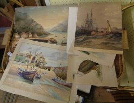 J. Heseldin: an unframed mounted watercolour, depicting moored vessels with buildings - signed -
