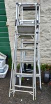 Three aluminium stepladders - sold with a folding sack trolley