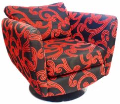 A modern retro style box frame armchair with black and red scroll machine tapestry upholstery, set