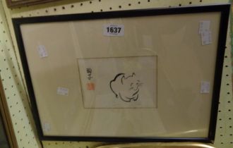 Yoko: a framed 20th Century Japanese brush work painting entitled 'Cat' - signed and bearing red
