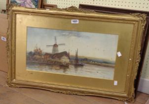 A gilt framed and slipped watercolour, depicting a view with riverside cottage and mill - sold