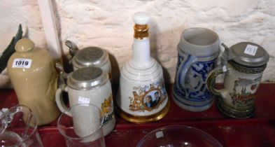 Four German pottery steins - sold with a stoneware hot water bottle and a Wade Bells whisky