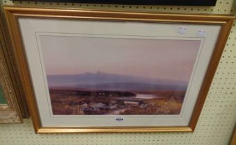 A gilt framed coloured print, depicting a view on Dartmoor with clapper bridge and stream in