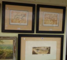 Three framed French cave painting prints - bearing Bibliothque Nationale numbered stamps, signed and