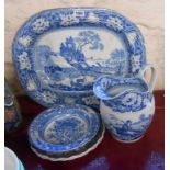 A large 19th Century transfer printed meat plate with 'Fallow Deer' decoration, a blue and white