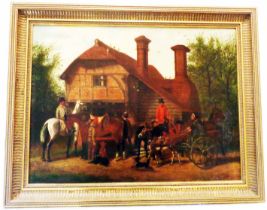 J. W. Hillyard: a gilt framed oil on canvas, depicting a rural scene with figures, horses and donkey