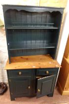 A 94cm modern part painted pine two part dresser with two shelf open plate rack over a base with two