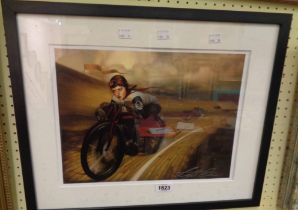 A framed coloured print, depicting a post-war female motorcycle racer on a boarded banked track -