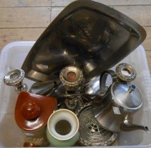 A crate containing silver plated and stainless steel items including candelabrum, teapots, etc.