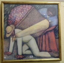 Diego Rivera: a gilt framed coloured print, depicting a heavily laden fruit porter and female