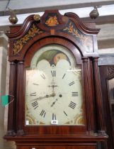 A late George III mahogany and strung longcase clock with gilt painted basket of flowers and