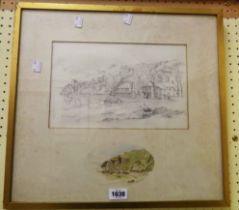 W.K. 'Bill' Waugh: a gilt framed pencil drawing, depicting seaside cottages, with watercolour