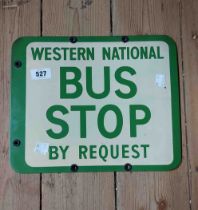 An original Western National enamel Bus Stop by Request double sided sign with green lettering on