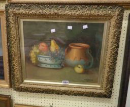 †Vasques: an ornate gilt framed oil on canvas still life of fruit, bowl and pot on a surface -