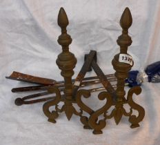 A set of steel fire irons - sold with a pair of brass fire dogs