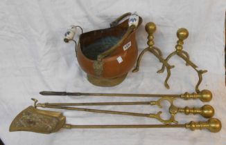 A set of brass fire irons and fire dogs - sold with a vintage copper coal scuttle with ceramic