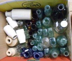 A box containing a quantity of old bottles including H. Bowring, Weymouth Codds, R.B. Ferris Dawlish