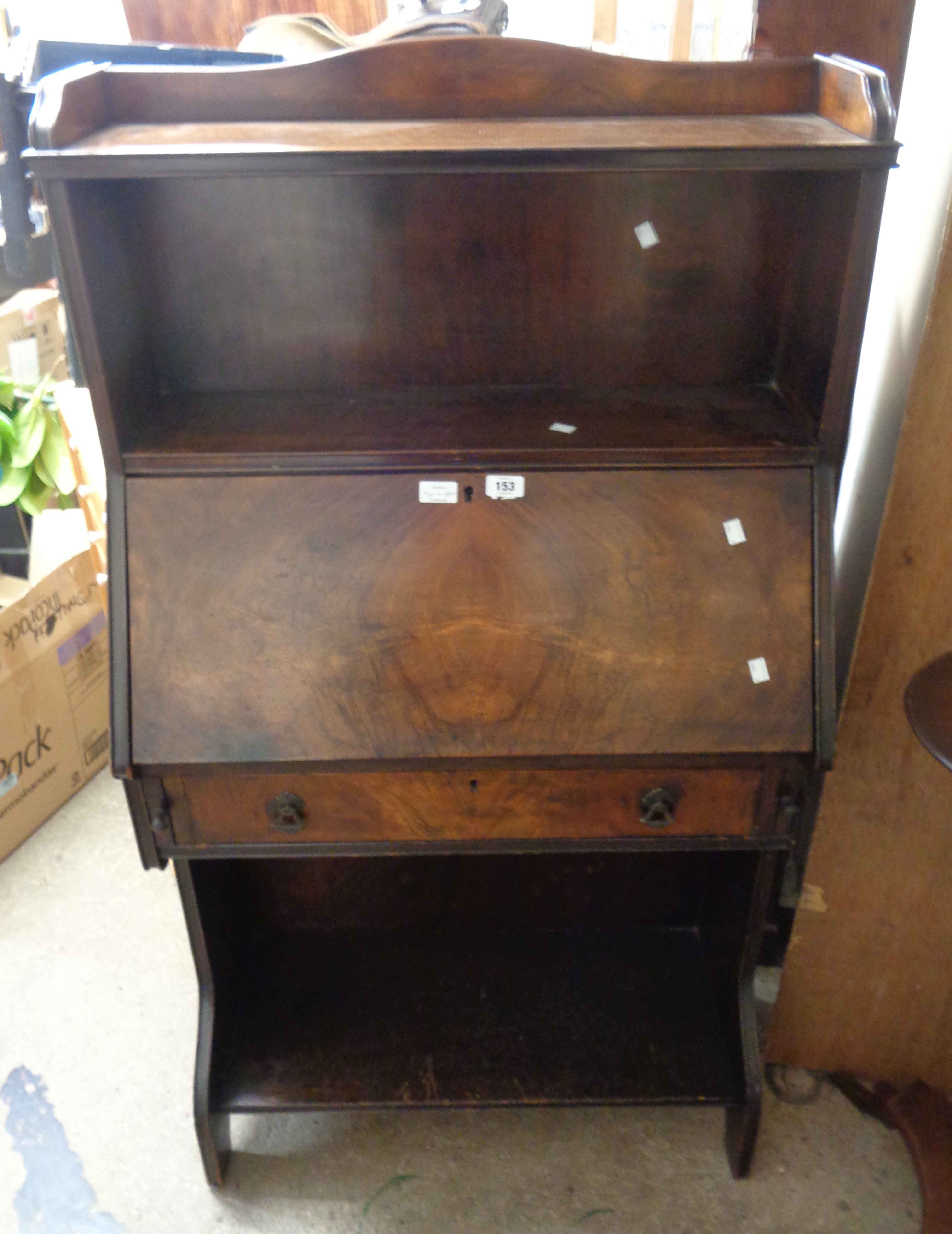 A 75cm 20th Century walnut bureau with raised shelf to back, the part fitted interior with drawer