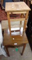 An Edwardian bedside table with single frieze drawer, a small pine tea table and an oak occasional