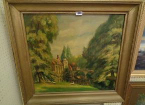 A mid 20th Century continental oil on canvas, depicting a rural riverside house and bridge with