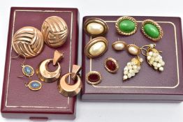A SELECTION OF YELLOW METAL EARRINGS, all for pierced ears, some with marks to indicate 9ct gold,